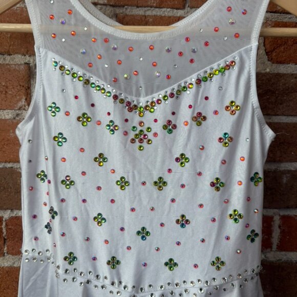 "Funfetti" White Figure Skating Dress + LOTS of Custom Crystals Girls Size 8-10 - Picture 4 of 6